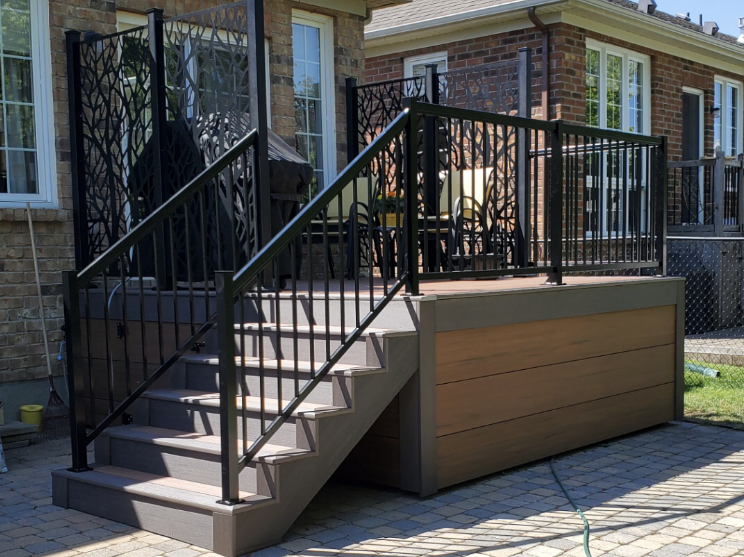 Azek Mahogany - Dark Hickory Border and Trim - Black Picket Railings